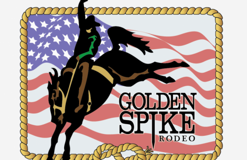 Golden Spike Rodeo logo.  Cowboy on a horse with an American flag in the background.
