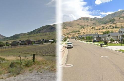 Split image of before (farmland) to after (neighborhood)