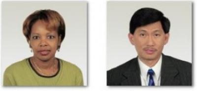 Two separate example photos of acceptable photos for passports. Portrait photos of a man and a woman.