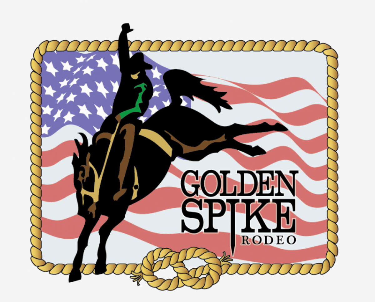 Golden Spike Rodeo logo.  Cowboy on a horse with an American flag in the background.