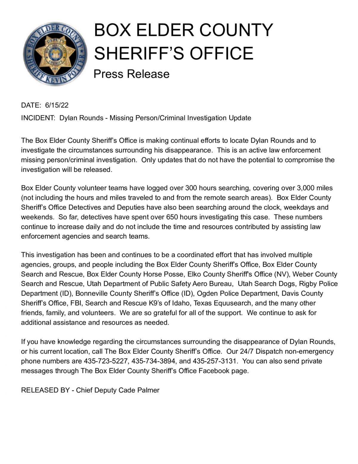 Press Release from Box Elder County Sheriffs Office 