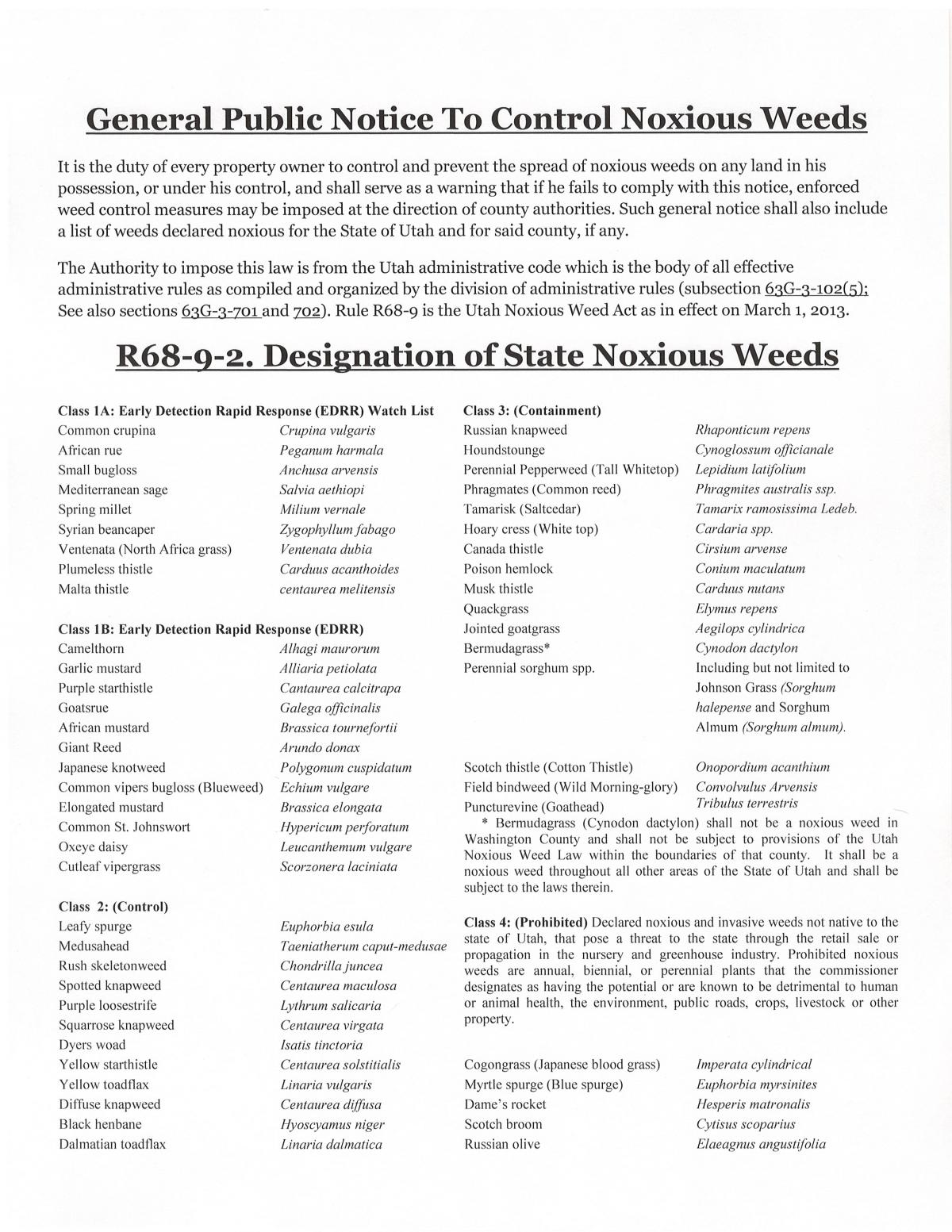 General Public Notice to Control Noxious Weeds